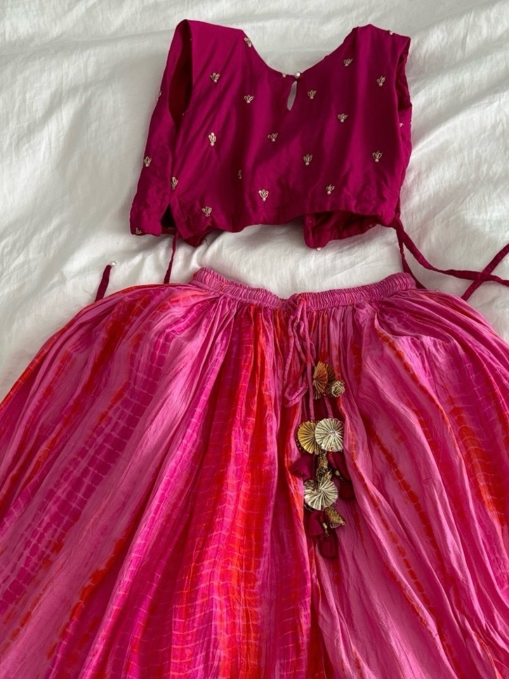 Girls pink silk shibori Indian wedding lehenga set from Little Muffet